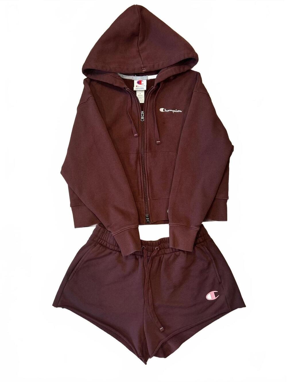Champion USA Athletic Maroon Matching Set Zip Hoodie (S) + Shorts (M) Cropped